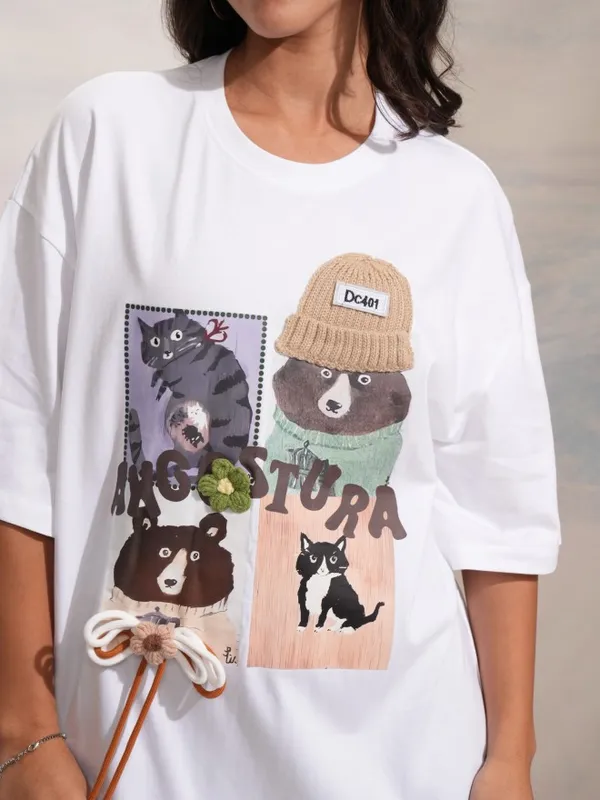 Tokyo Talkies Women White Printed Round Neck Oversized Fit T-Shirt
