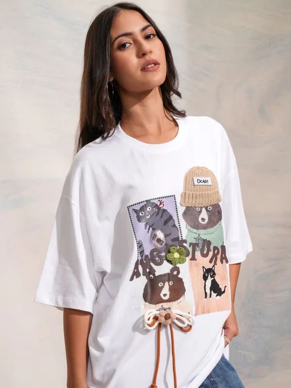 Tokyo Talkies Women White Printed Round Neck Oversized Fit T-Shirt