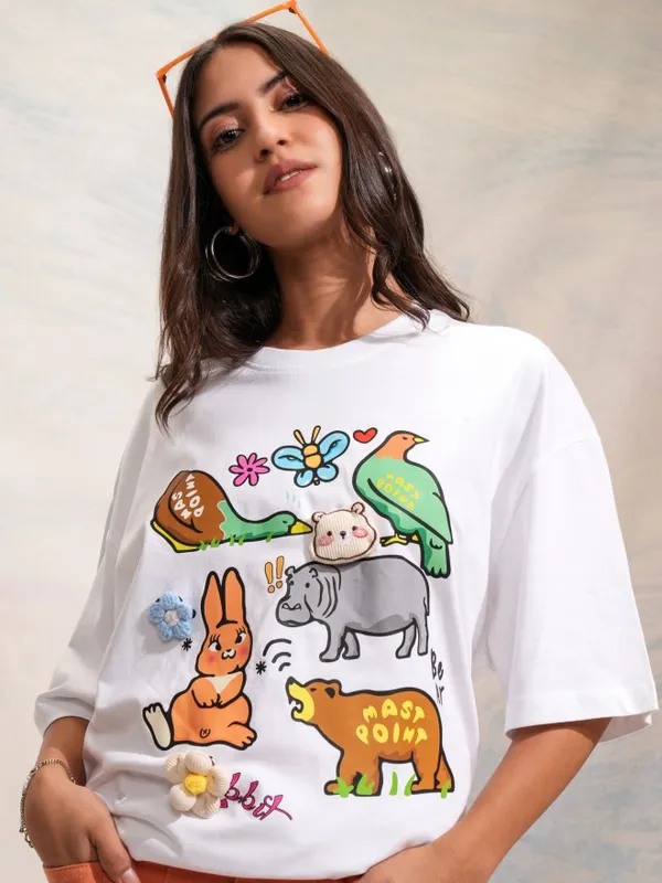 Tokyo Talkies Women White Printed Round Neck Oversized Fit T-Shirt