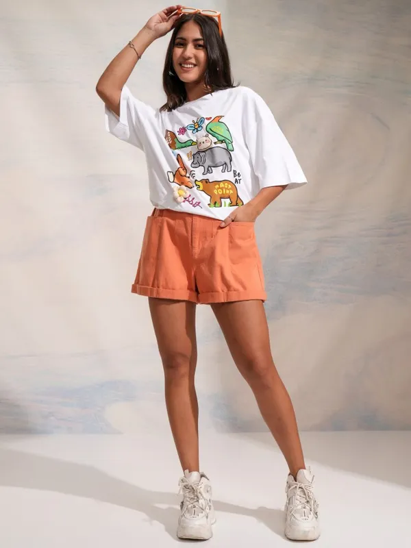 Tokyo Talkies Women White Printed Round Neck Oversized Fit T-Shirt