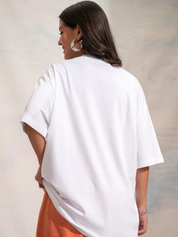 Tokyo Talkies Women White Printed Round Neck Oversized Fit T-Shirt