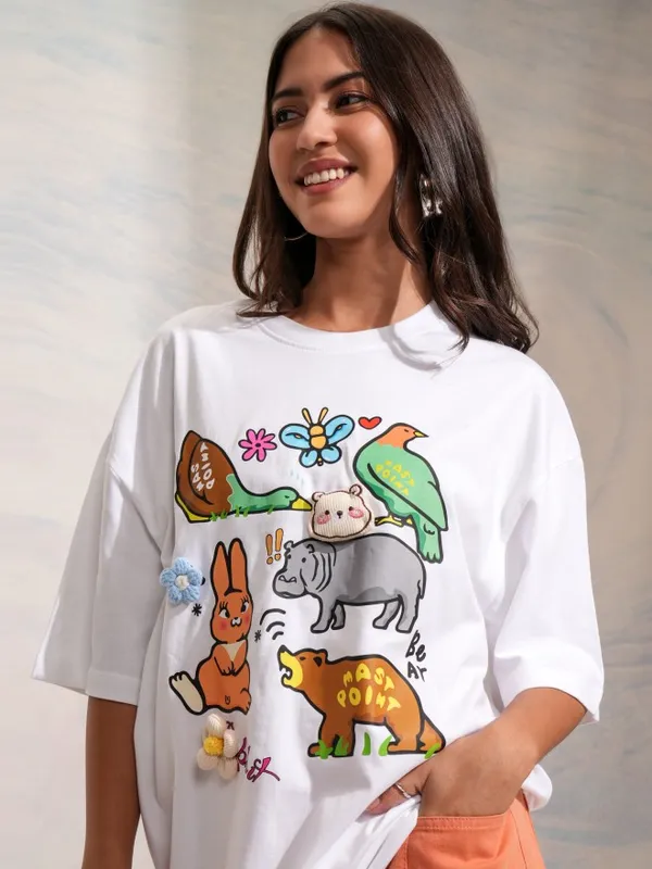 Tokyo Talkies Women White Printed Round Neck Oversized Fit T-Shirt