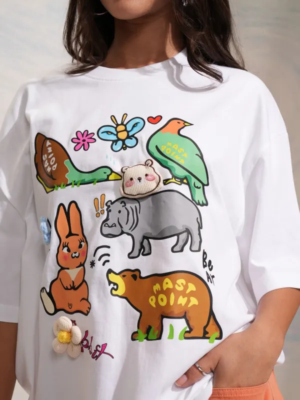 Tokyo Talkies Women White Printed Round Neck Oversized Fit T-Shirt