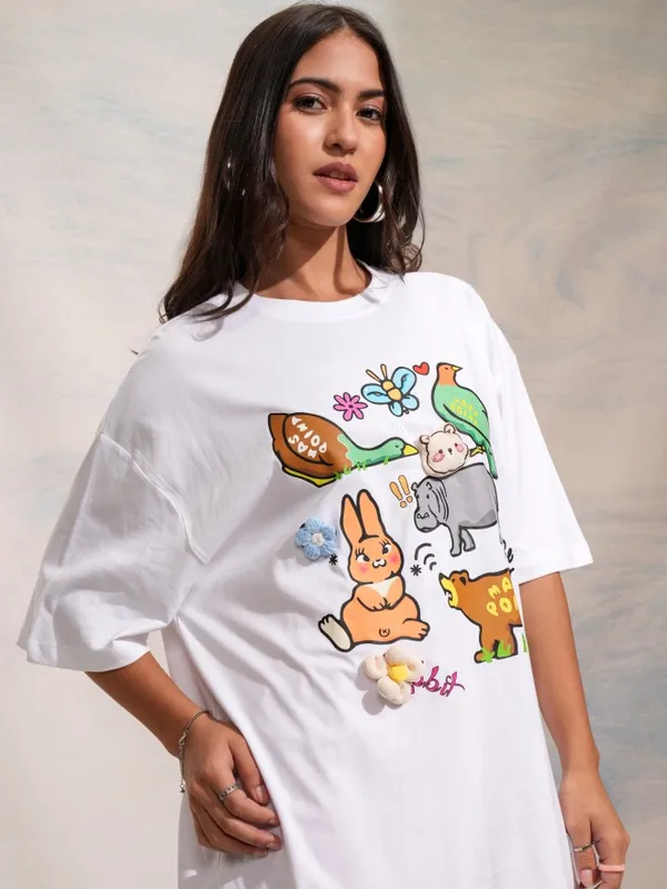 Tokyo Talkies Women White Printed Round Neck Oversized Fit T-Shirt