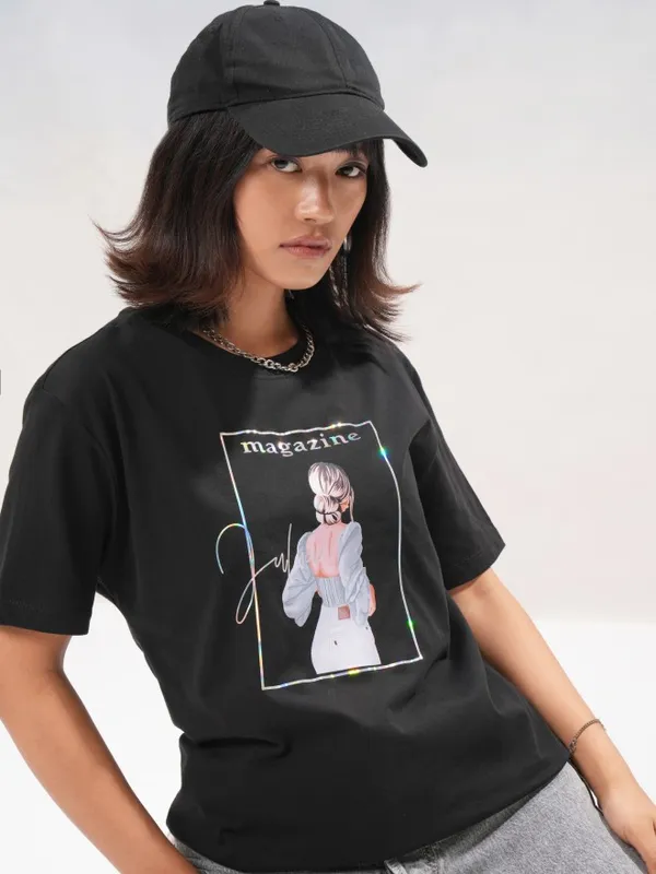 Tokyo Talkies Women Black Printed Round Neck T-Shirt