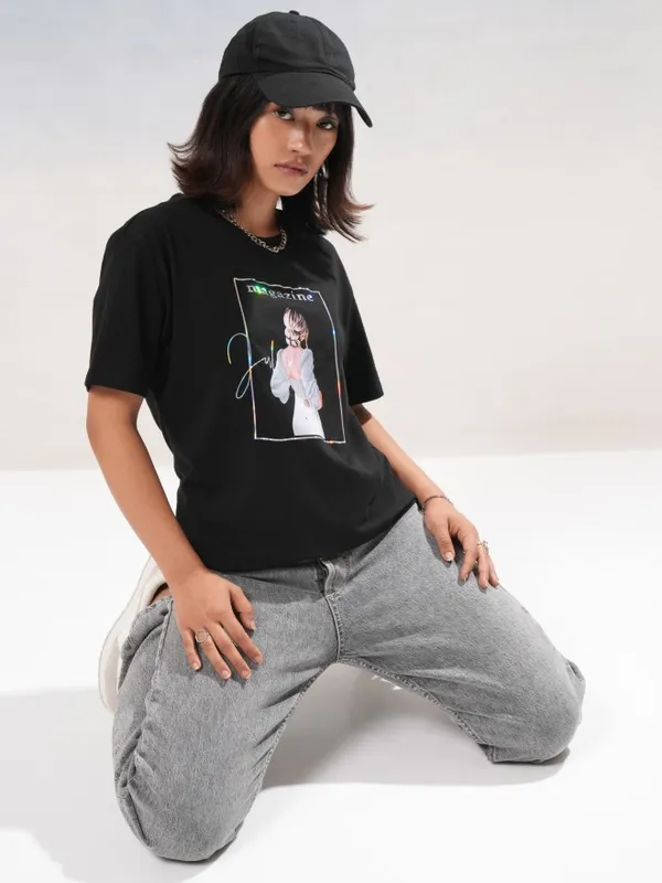 Tokyo Talkies Women Black Printed Round Neck T-Shirt
