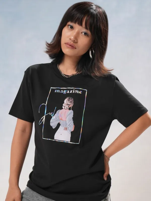 Tokyo Talkies Women Black Printed Round Neck T-Shirt