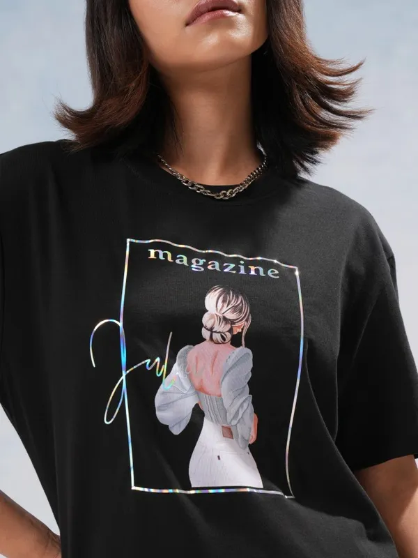 Tokyo Talkies Women Black Printed Round Neck T-Shirt