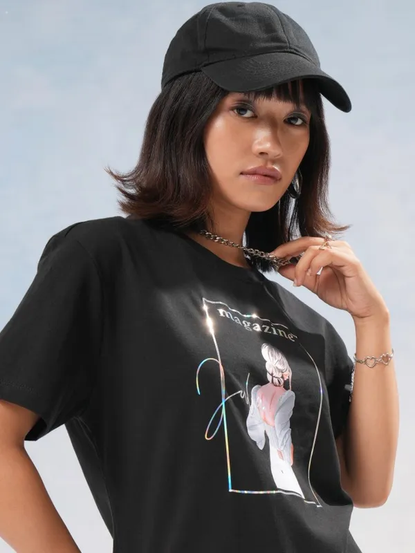 Tokyo Talkies Women Black Printed Round Neck T-Shirt