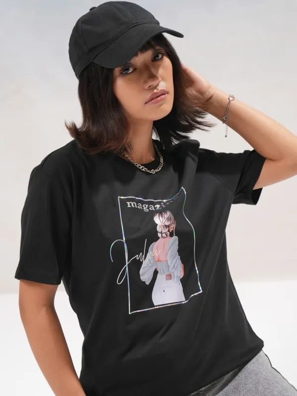 Tokyo Talkies Women Black Printed Round Neck T-Shirt