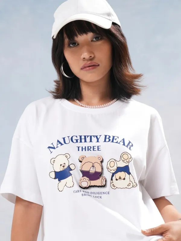 Tokyo Talkies Women White Printed Round Neck T-Shirt