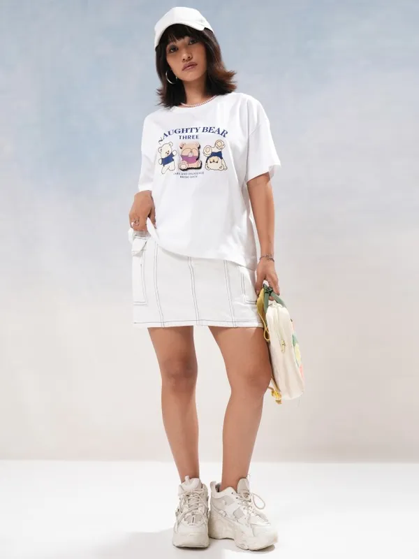 Tokyo Talkies Women White Printed Round Neck T-Shirt