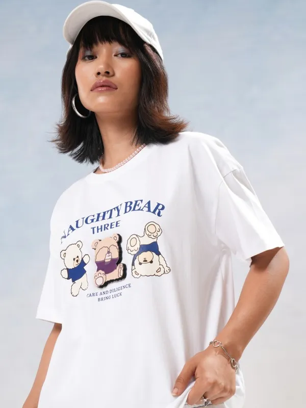 Tokyo Talkies Women White Printed Round Neck T-Shirt