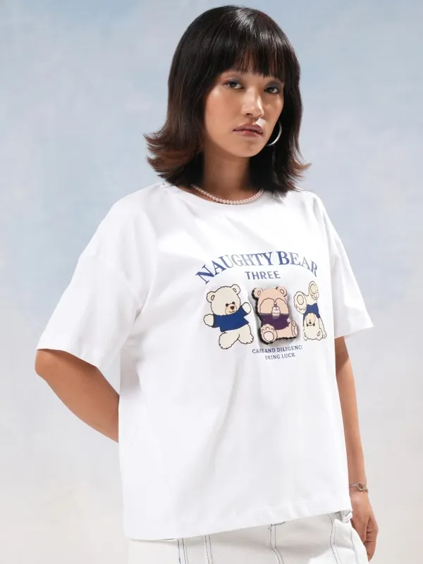 Tokyo Talkies Women White Printed Round Neck T-Shirt