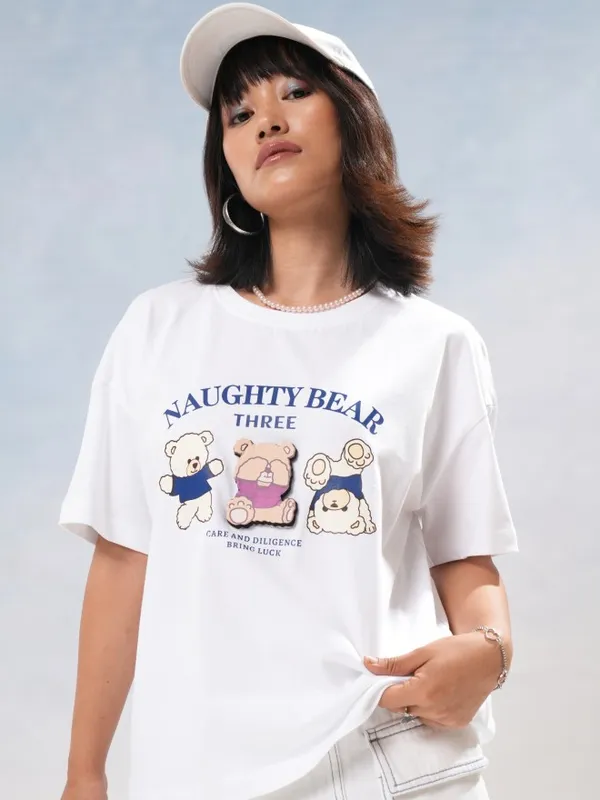Tokyo Talkies Women White Printed Round Neck T-Shirt