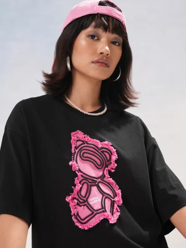 Tokyo Talkies Women Black Self Design Round Neck Oversized Fit T-Shirt