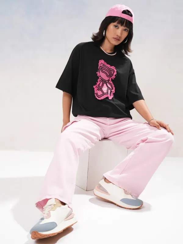 Tokyo Talkies Women Black Self Design Round Neck Oversized Fit T-Shirt