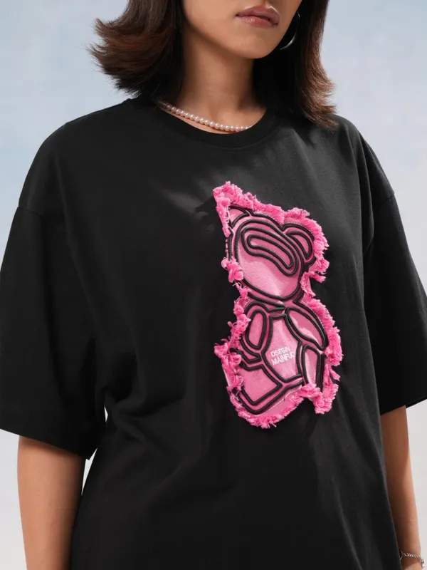 Tokyo Talkies Women Black Self Design Round Neck Oversized Fit T-Shirt