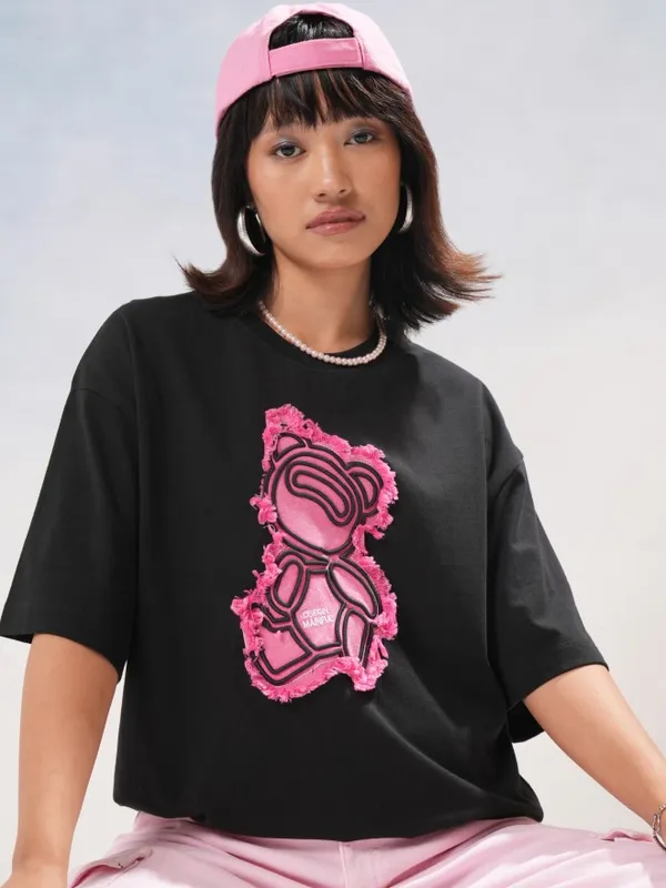 Tokyo Talkies Women Black Self Design Round Neck Oversized Fit T-Shirt