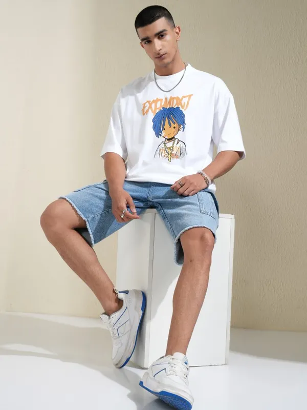 Highlander Men White Printed Round Neck Oversized Fit T-Shirt