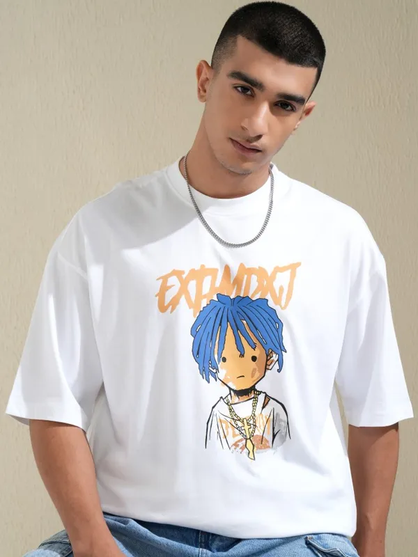 Highlander Men White Printed Round Neck Oversized Fit T-Shirt