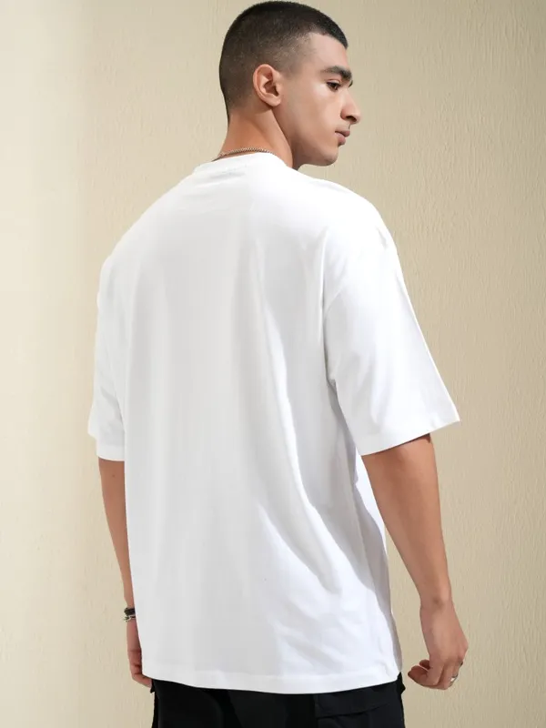 Highlander Men White Printed Round Neck Oversized Fit T-Shirt