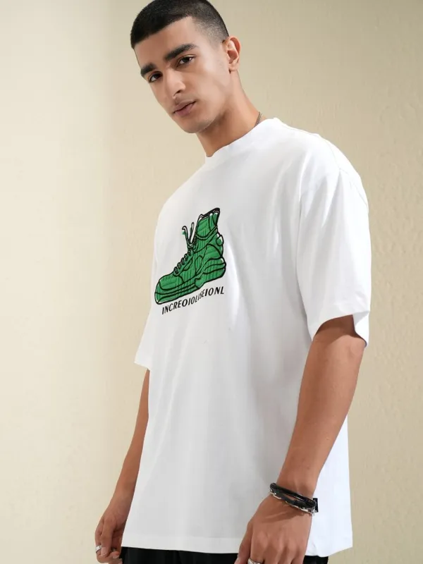Highlander Men White Printed Round Neck Oversized Fit T-Shirt