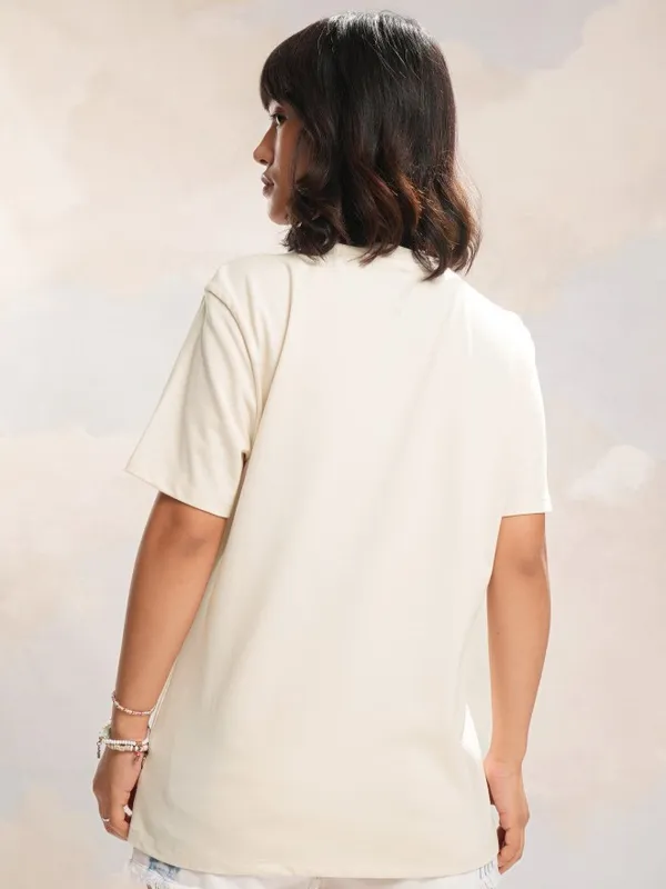 Tokyo Talkies Women Off White Applique Round Neck T-Shirt