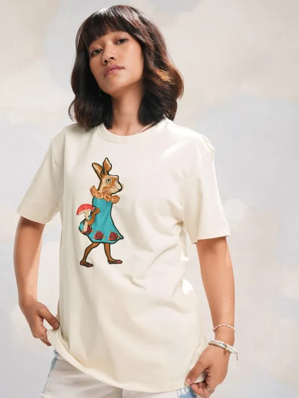 Tokyo Talkies Women Off White Applique Round Neck T-Shirt