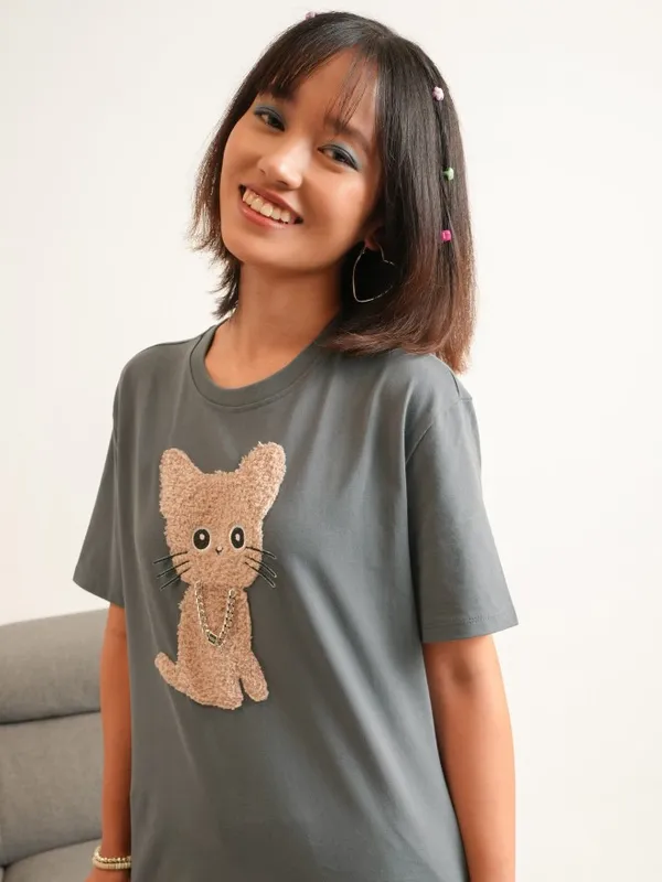 Tokyo Talkies Women Grey Self Design Round Neck T-Shirt
