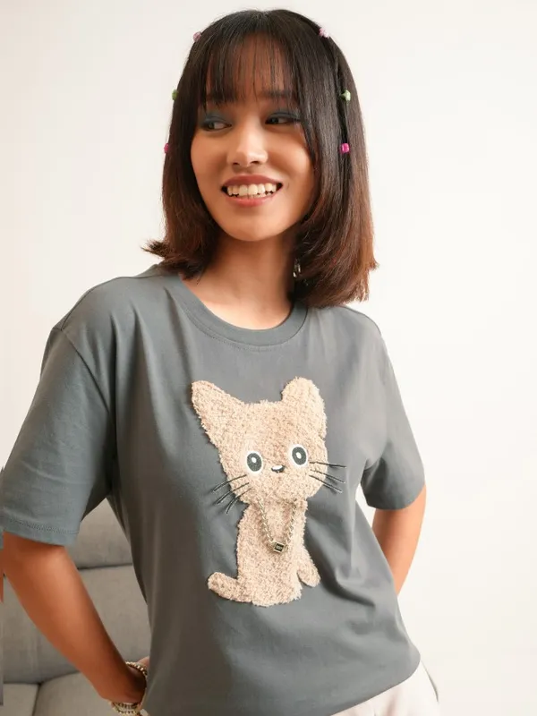 Tokyo Talkies Women Grey Self Design Round Neck T-Shirt