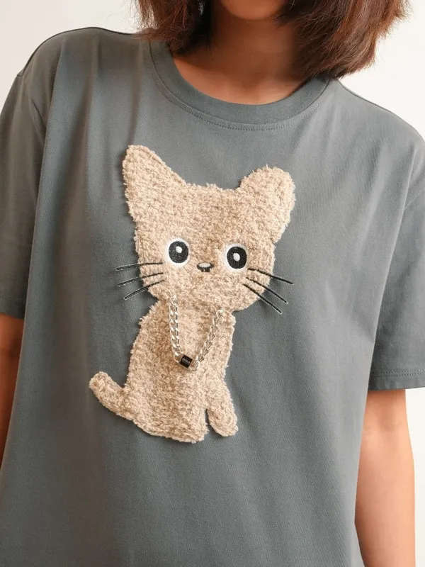 Tokyo Talkies Women Grey Self Design Round Neck T-Shirt