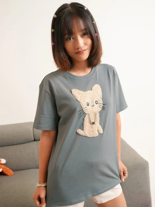 Tokyo Talkies Women Grey Self Design Round Neck T-Shirt