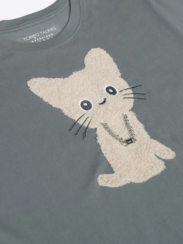 Tokyo Talkies Women Grey Self Design Round Neck T-Shirt