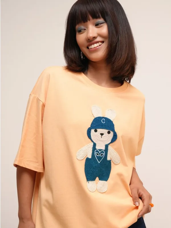Tokyo Talkies Women Peach Self Design Round Neck Oversized Fit T-Shirt