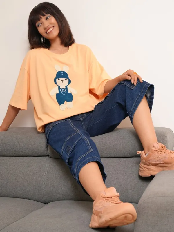 Tokyo Talkies Women Peach Self Design Round Neck Oversized Fit T-Shirt