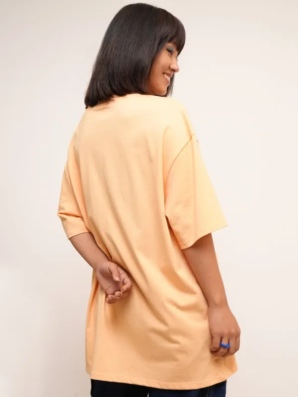 Tokyo Talkies Women Peach Self Design Round Neck Oversized Fit T-Shirt