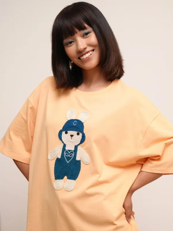 Tokyo Talkies Women Peach Self Design Round Neck Oversized Fit T-Shirt