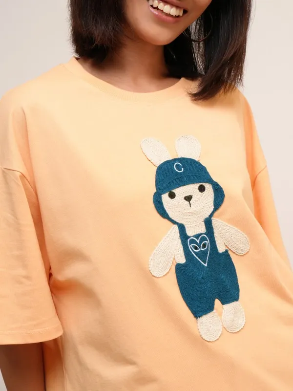 Tokyo Talkies Women Peach Self Design Round Neck Oversized Fit T-Shirt
