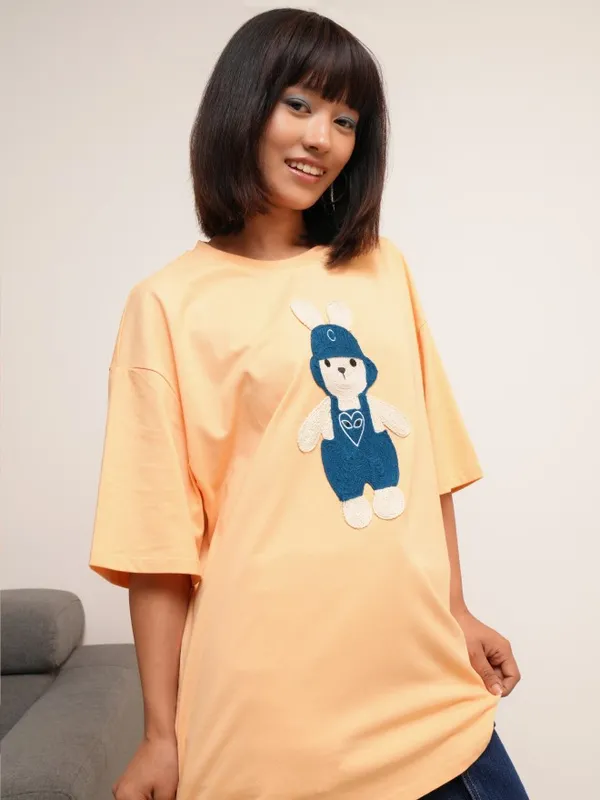 Tokyo Talkies Women Peach Self Design Round Neck Oversized Fit T-Shirt
