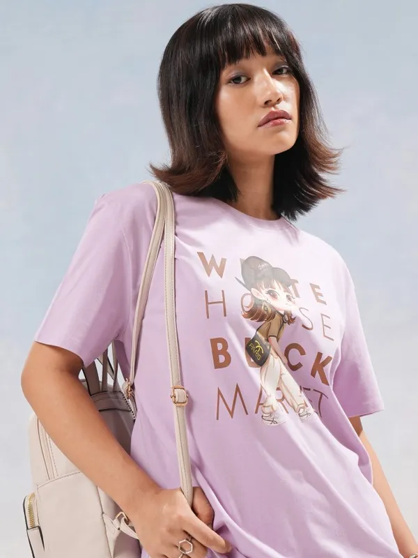 Tokyo Talkies Women Lavender Printed Round Neck T-Shirt
