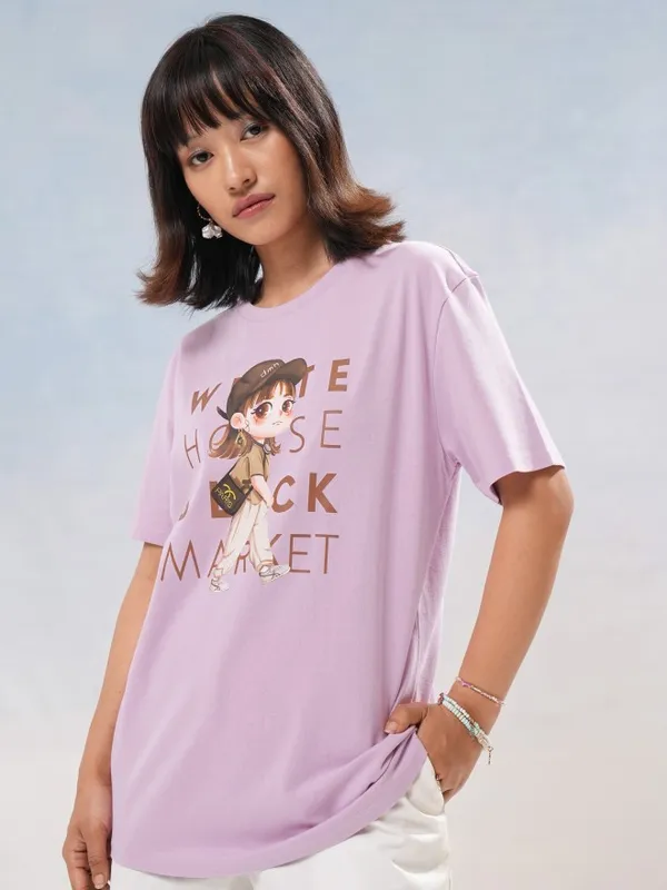 Tokyo Talkies Women Lavender Printed Round Neck T-Shirt