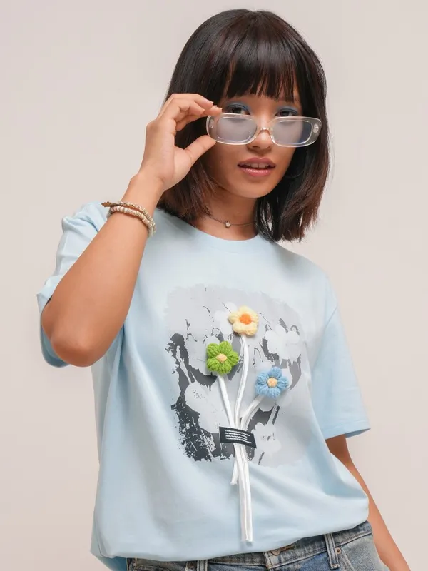 Tokyo Talkies Women Blue Printed Round Neck T-Shirt