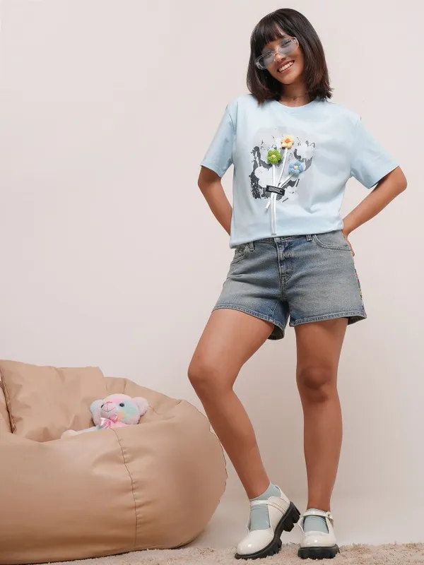 Tokyo Talkies Women Blue Printed Round Neck T-Shirt
