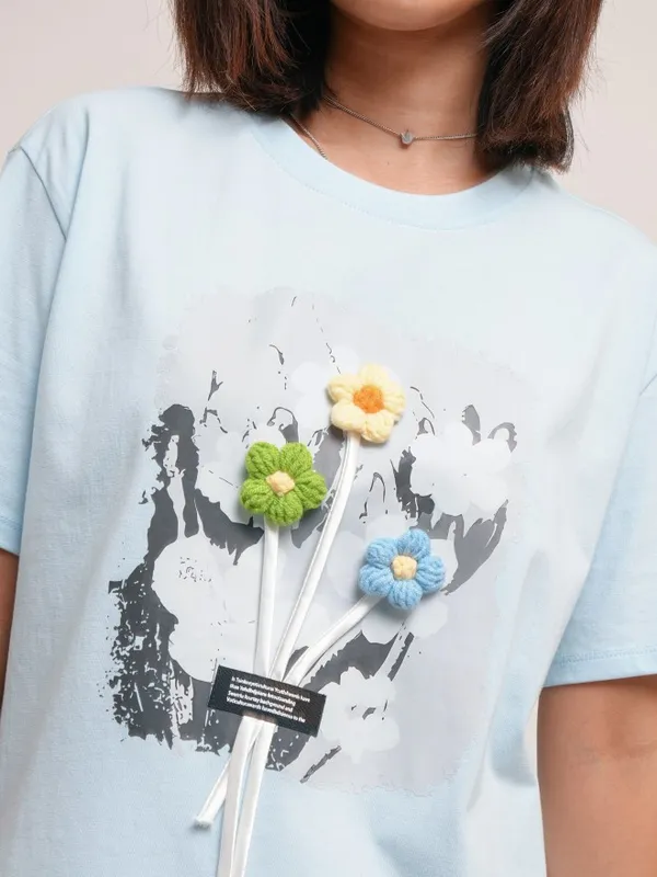 Tokyo Talkies Women Blue Printed Round Neck T-Shirt