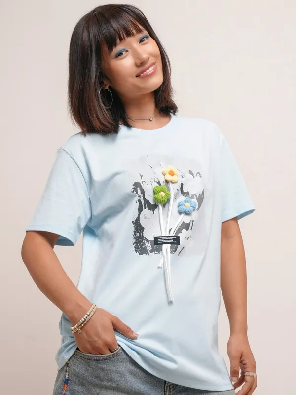 Tokyo Talkies Women Blue Printed Round Neck T-Shirt