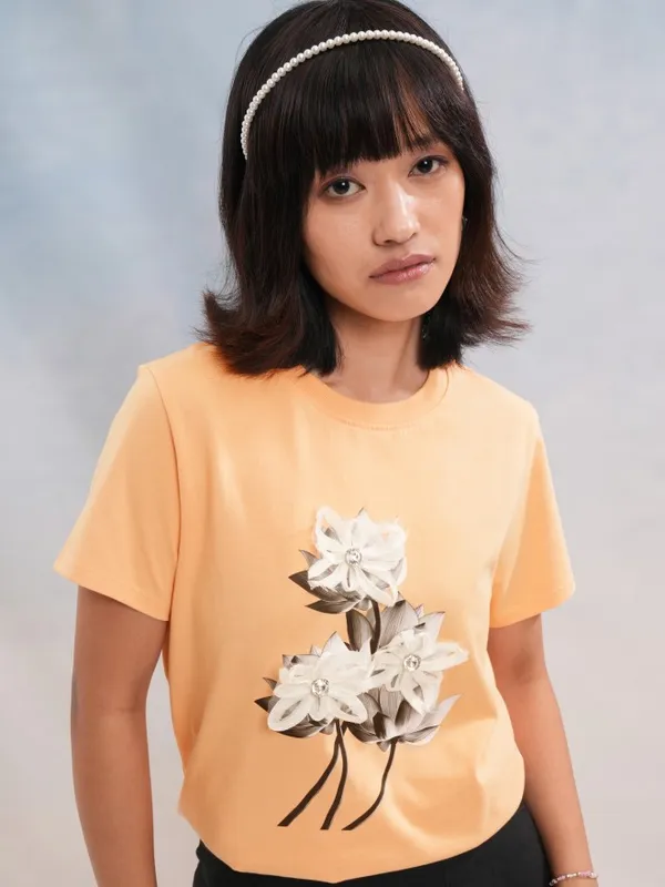 Tokyo Talkies Women Peach Printed Round Neck T-Shirt