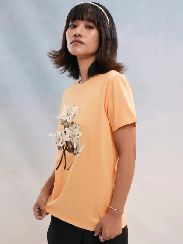 Tokyo Talkies Women Peach Printed Round Neck T-Shirt
