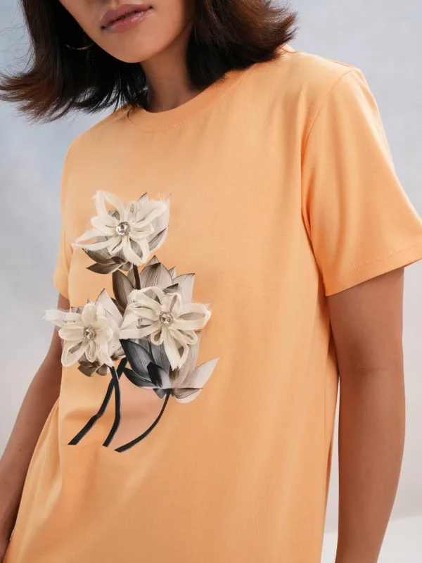 Tokyo Talkies Women Peach Printed Round Neck T-Shirt