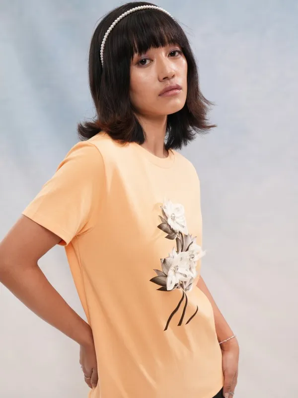 Tokyo Talkies Women Peach Printed Round Neck T-Shirt